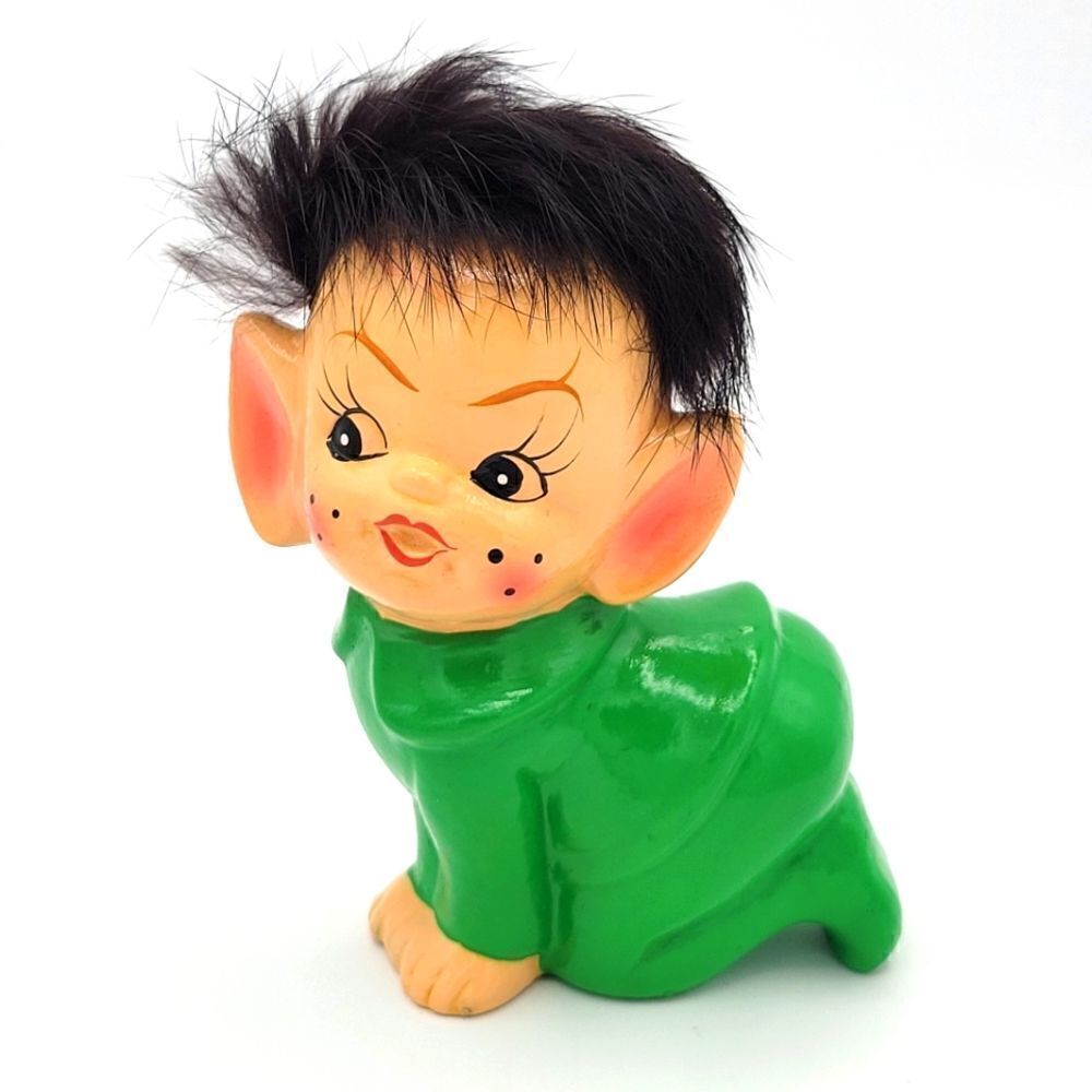 RARE Pristine 1950's Crawling Green Pixie Elf Pointy Ear Real Fur Hair Figurine